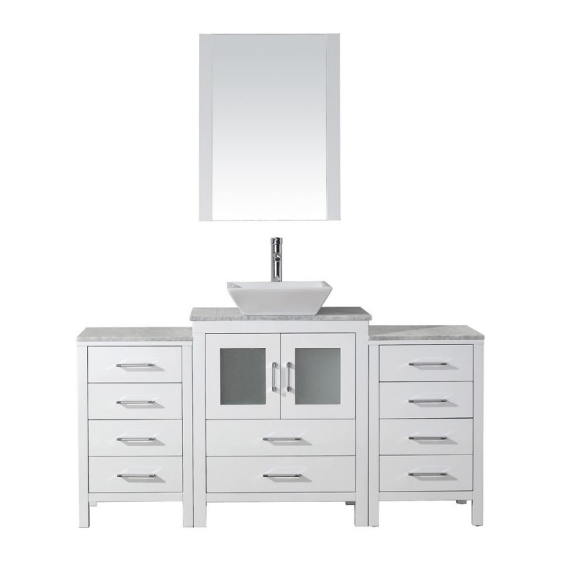 Dior 64" Single Bathroom Vanity in White with Marble Top and Square Sink with Brushed Nickel Faucet and Mirror