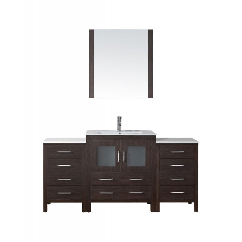Dior 66" Single Bathroom Vanity in Espresso with Slim White Ceramic Top and Square Sink with Brushed Nickel Faucet and Mirror