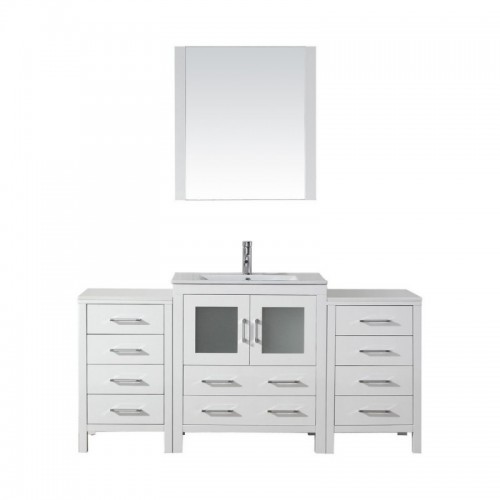 Dior 66" Single Bathroom Vanity in White with Slim White Ceramic Top and Square Sink with Brushed Nickel Faucet and Mirror