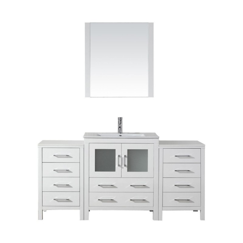 Dior 66" Single Bathroom Vanity in White with Slim White Ceramic Top and Square Sink with Brushed Nickel Faucet and Mirror