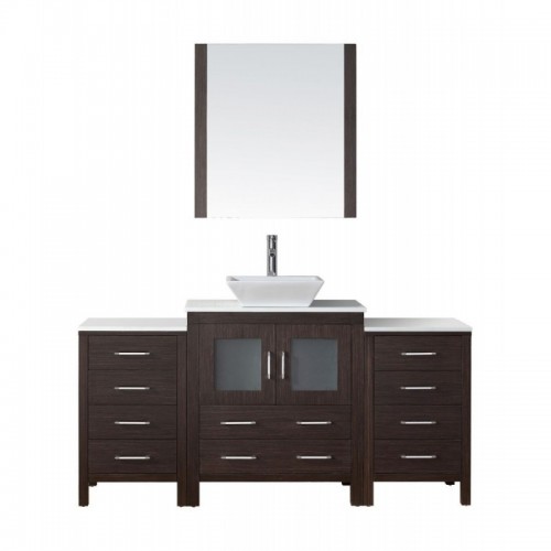 Dior 66" Single Bathroom Vanity in Espresso with White Engineered Stone Top and Square Sink with Polished Chrome Faucet and Mirror