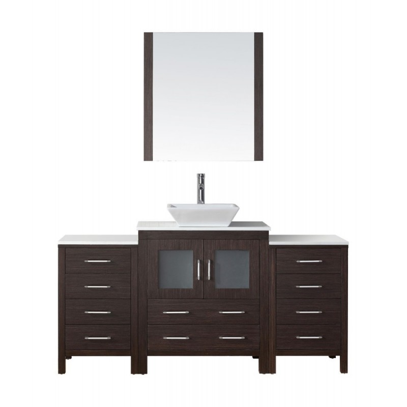 Dior 66" Single Bathroom Vanity in Espresso with White Engineered Stone Top and Square Sink with Polished Chrome Faucet and Mirror