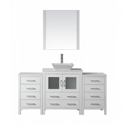 Dior 66" Single Bathroom Vanity in White with White Engineered Stone Top and Square Sink with Polished Chrome Faucet and Mirror