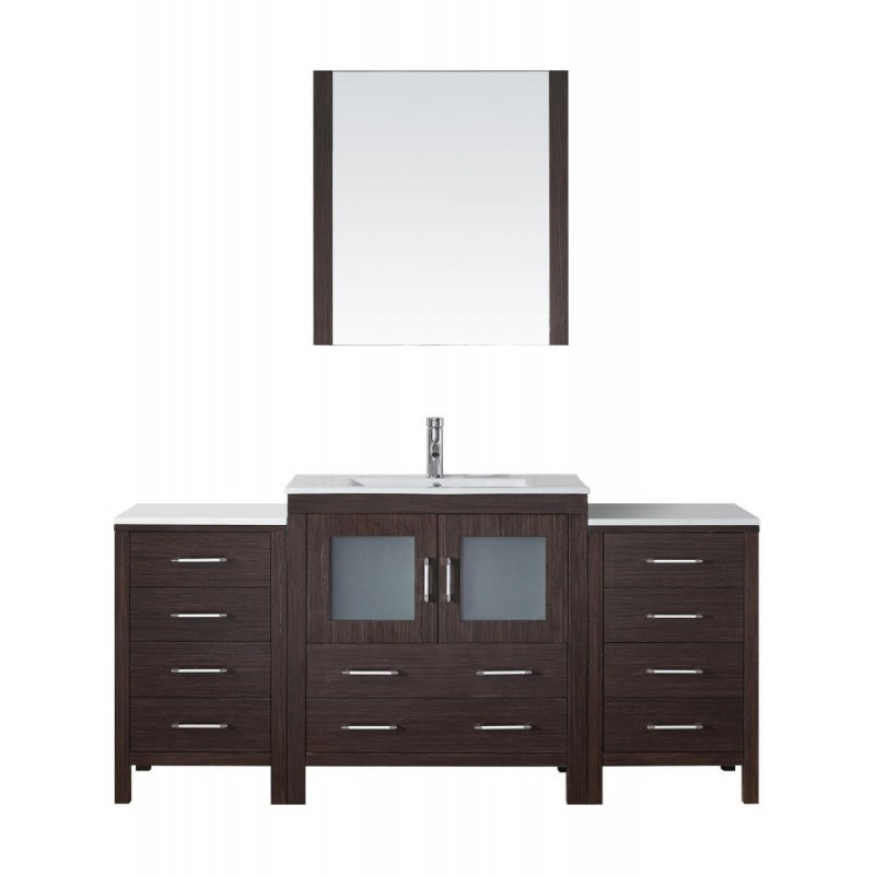 Dior 68" Single Bathroom Vanity in Espresso with Slim White Ceramic Top and Square Sink with Brushed Nickel Faucet and Mirror