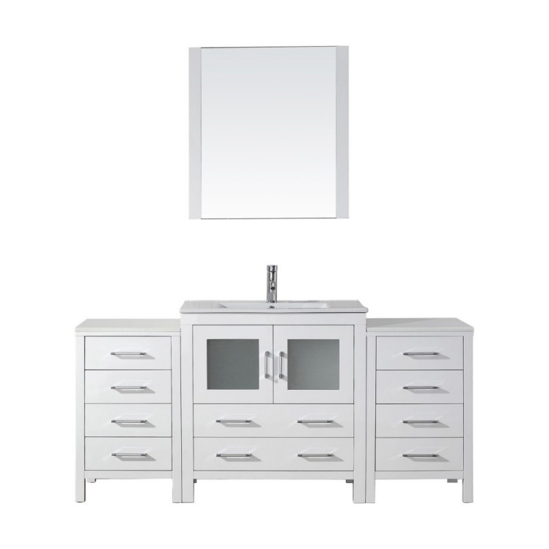 Dior 68" Single Bathroom Vanity in White with Slim White Ceramic Top and Square Sink with Polished Chrome Faucet and Mirror