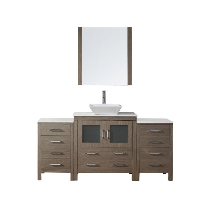 Dior 68" Single Bathroom Vanity in Dark Oak with White Engineered Stone Top and Square Sink with Brushed Nickel Faucet and Mirror