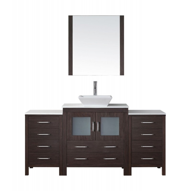 Dior 68" Single Bathroom Vanity in Espresso with White Engineered Stone Top and Square Sink with Polished Chrome Faucet and Mirror