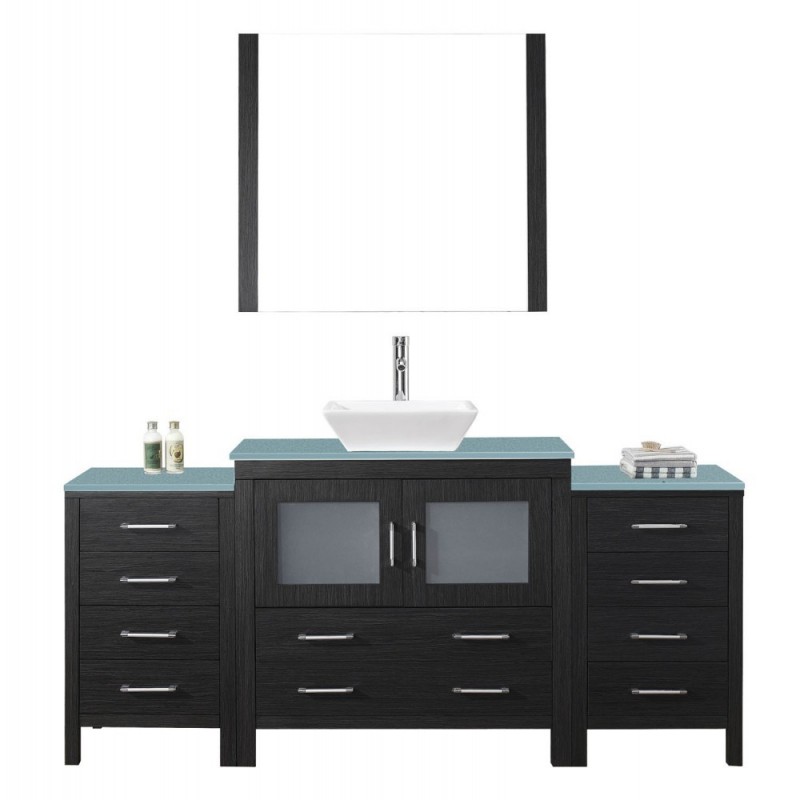 Dior 72" Single Bathroom Vanity in Zebra Grey with Aqua Tempered Glass Top and Square Sink with Brushed Nickel Faucet and Mirrors