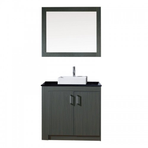 Tavian 36" Single Bathroom Vanity in Zebra Grey with Black Galaxy Granite Top and Square Sink with Polished Chrome Faucet and Mirror