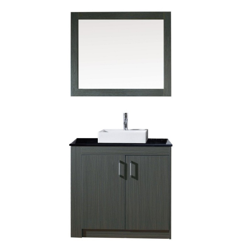 Tavian 36" Single Bathroom Vanity in Zebra Grey with Black Galaxy Granite Top and Square Sink with Polished Chrome Faucet and Mirror