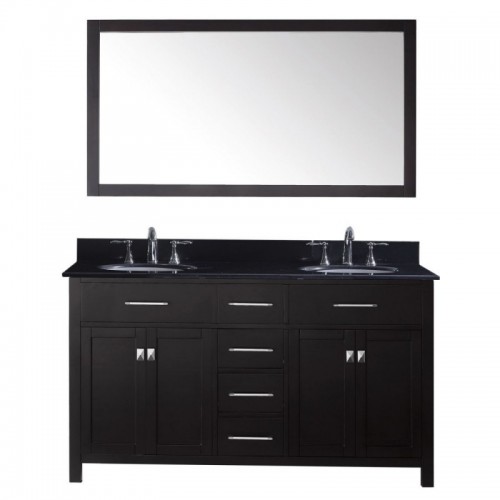 Caroline 60" Double Bathroom Vanity in Espresso with Black Galaxy Granite Top and Round Sink with Mirror