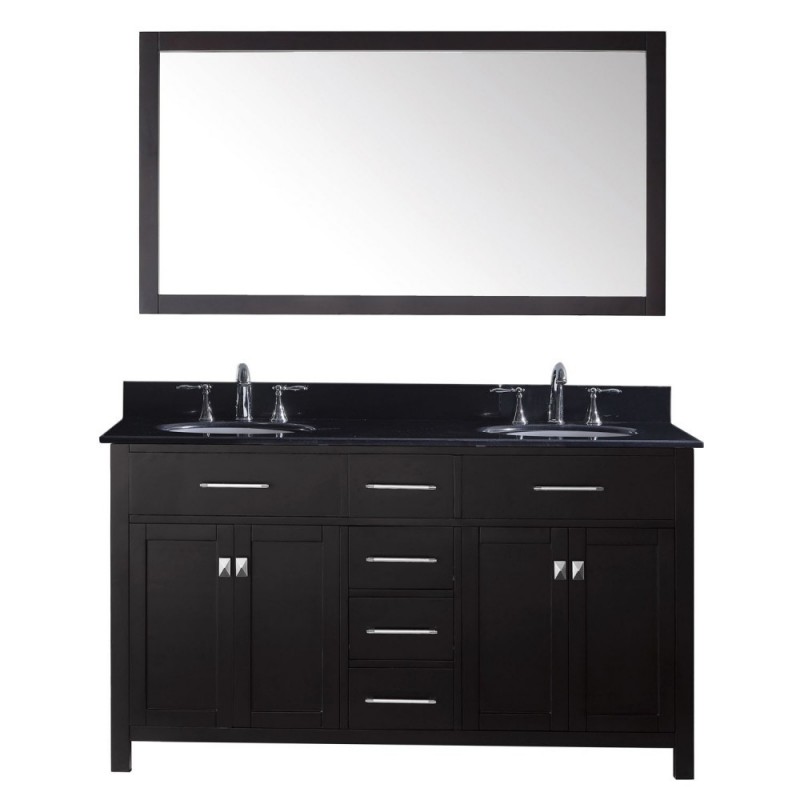 Caroline 60" Double Bathroom Vanity in Espresso with Black Galaxy Granite Top and Round Sink with Mirror