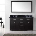 Caroline 60" Double Bathroom Vanity in Espresso with Black Galaxy Granite Top and Round Sink with Mirror