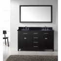 Caroline 60" Double Bathroom Vanity in Espresso with Black Galaxy Granite Top and Round Sink with Polished Chrome Faucet and Mirror