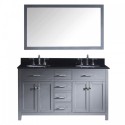 Caroline 60" Double Bathroom Vanity in Grey with Black Galaxy Granite Top and Round Sink with Mirror