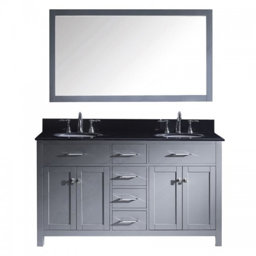 Caroline 60" Double Bathroom Vanity in Grey with Black Galaxy Granite Top and Round Sink with Brushed Nickel Faucet and Mirror