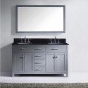 Caroline 60" Double Bathroom Vanity in Grey with Black Galaxy Granite Top and Round Sink with Polished Chrome Faucet and Mirror