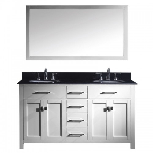 Caroline 60" Double Bathroom Vanity in White with Black Galaxy Granite Top and Round Sink with Mirror
