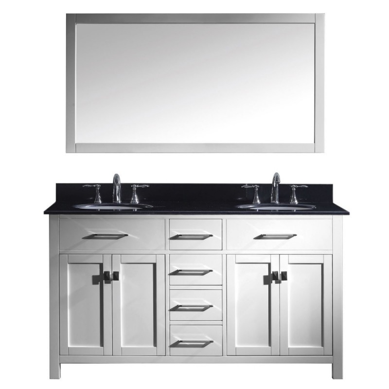 Caroline 60" Double Bathroom Vanity in White with Black Galaxy Granite Top and Round Sink with Brushed Nickel Faucet and Mirror