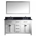 Caroline 60" Double Bathroom Vanity in White with Black Galaxy Granite Top and Round Sink with Polished Chrome Faucet and Mirror