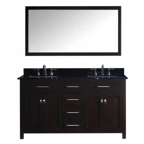 Caroline 60" Double Bathroom Vanity in Espresso with Black Galaxy Granite Top and Square Sink with Polished Chrome Faucet and Mirror