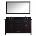 Caroline 60" Double Bathroom Vanity in Espresso with Black Galaxy Granite Top and Square Sink with Polished Chrome Faucet and Mirror