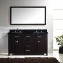 Caroline 60" Double Bathroom Vanity in Espresso with Black Galaxy Granite Top and Square Sink with Polished Chrome Faucet and Mirror