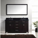 Caroline 60" Double Bathroom Vanity in Espresso with Black Galaxy Granite Top and Square Sink with Polished Chrome Faucet and Mirror