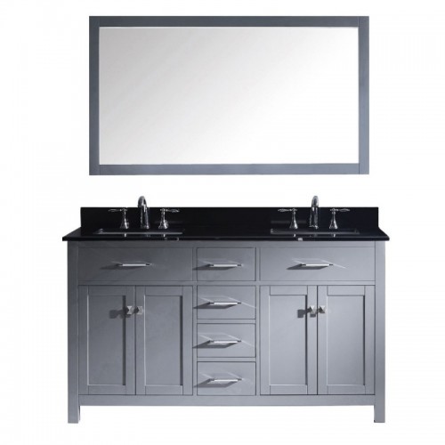 Caroline 60" Double Bathroom Vanity in Grey with Black Galaxy Granite Top and Square Sink with Mirror