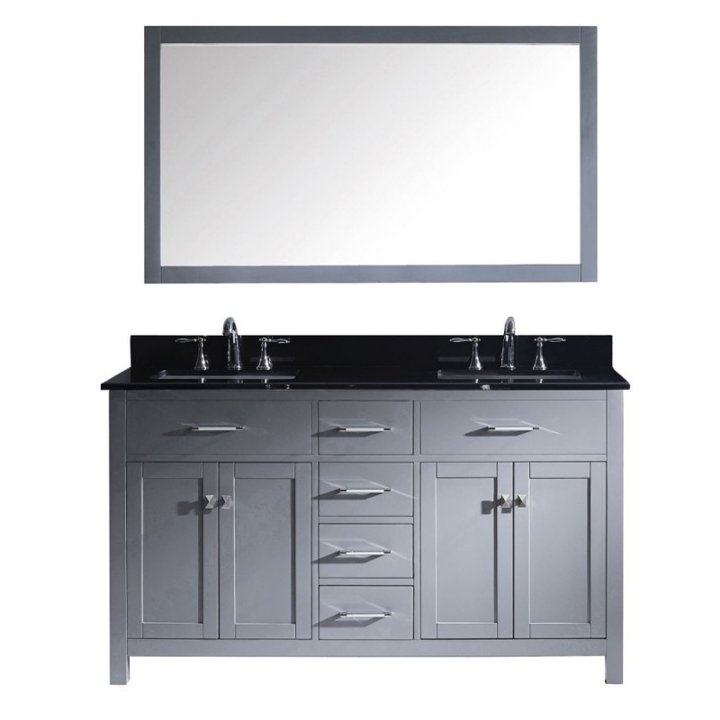 Caroline 60" Double Bathroom Vanity in Grey with Black Galaxy Granite Top and Square Sink with Brushed Nickel Faucet and Mirror