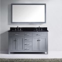 Caroline 60" Double Bathroom Vanity in Grey with Black Galaxy Granite Top and Square Sink with Brushed Nickel Faucet and Mirror