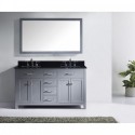 Caroline 60" Double Bathroom Vanity in Grey with Black Galaxy Granite Top and Square Sink with Brushed Nickel Faucet and Mirror