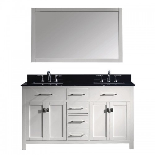 Caroline 60" Double Bathroom Vanity in White with Black Galaxy Granite Top and Square Sink with Mirror