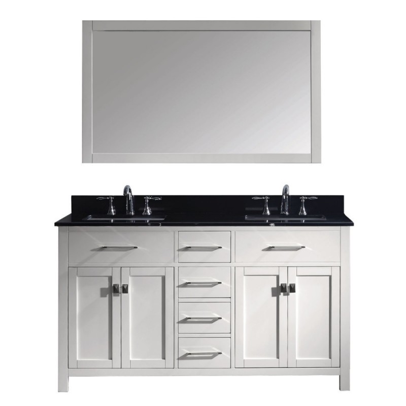 Caroline 60" Double Bathroom Vanity in White with Black Galaxy Granite Top and Square Sink with Brushed Nickel Faucet and Mirror