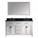 Caroline 60" Double Bathroom Vanity in White with Black Galaxy Granite Top and Square Sink with Brushed Nickel Faucet and Mirror