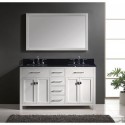 Caroline 60" Double Bathroom Vanity in White with Black Galaxy Granite Top and Square Sink with Polished Chrome Faucet and Mirror