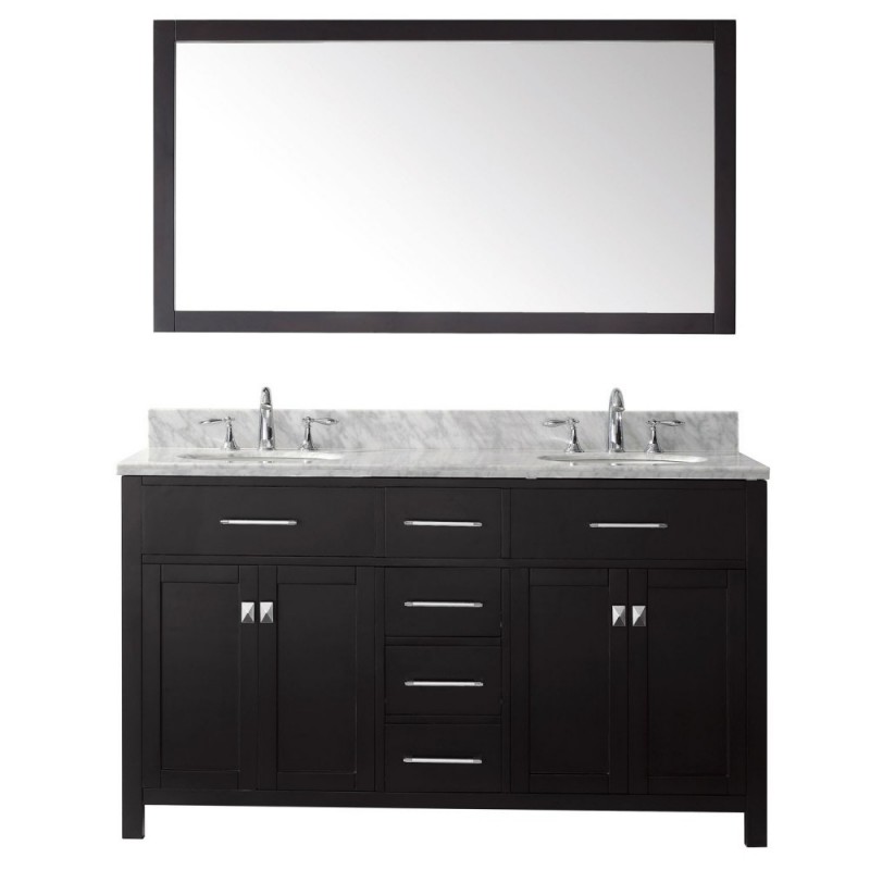 Caroline 60" Double Bathroom Vanity in Espresso with Marble Top and Round Sink with Mirror
