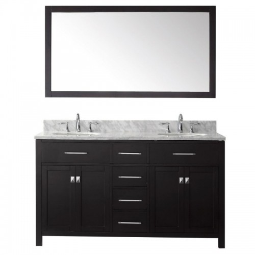 Caroline 60" Double Bathroom Vanity in Espresso with Marble Top and Round Sink with Brushed Nickel Faucet and Mirror