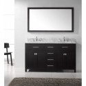 Caroline 60" Double Bathroom Vanity in Espresso with Marble Top and Round Sink with Brushed Nickel Faucet and Mirror