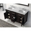 Caroline 60" Double Bathroom Vanity in Espresso with Marble Top and Round Sink with Brushed Nickel Faucet and Mirror