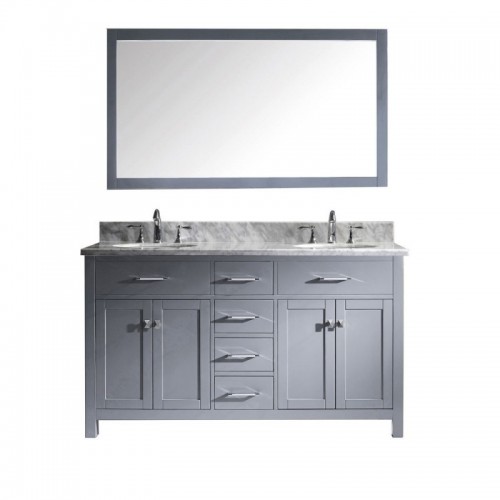 Caroline 60" Double Bathroom Vanity in Grey with Marble Top and Round Sink with Brushed Nickel Faucet and Mirror