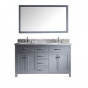 Caroline 60" Double Bathroom Vanity in Grey with Marble Top and Round Sink with Brushed Nickel Faucet and Mirror
