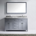 Caroline 60" Double Bathroom Vanity in Grey with Marble Top and Round Sink with Brushed Nickel Faucet and Mirror