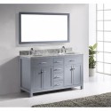 Caroline 60" Double Bathroom Vanity in Grey with Marble Top and Round Sink with Brushed Nickel Faucet and Mirror