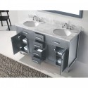Caroline 60" Double Bathroom Vanity in Grey with Marble Top and Round Sink with Brushed Nickel Faucet and Mirror