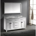Caroline 60" Double Bathroom Vanity in White with Marble Top and Round Sink with Mirror