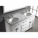 Caroline 60" Double Bathroom Vanity in White with Marble Top and Round Sink with Brushed Nickel Faucet and Mirror