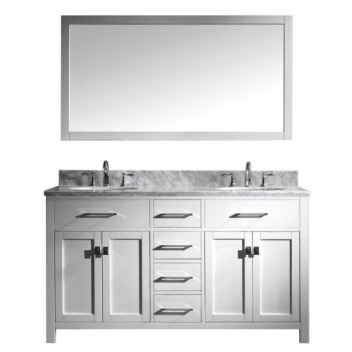 Caroline 60" Double Bathroom Vanity in White with Marble Top and Round Sink with Polished Chrome Faucet and Mirror