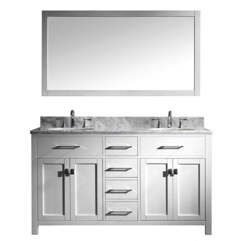 Caroline 60" Double Bathroom Vanity in White with Marble Top and Round Sink with Polished Chrome Faucet and Mirror