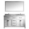 Caroline 60" Double Bathroom Vanity in White with Marble Top and Round Sink with Polished Chrome Faucet and Mirror